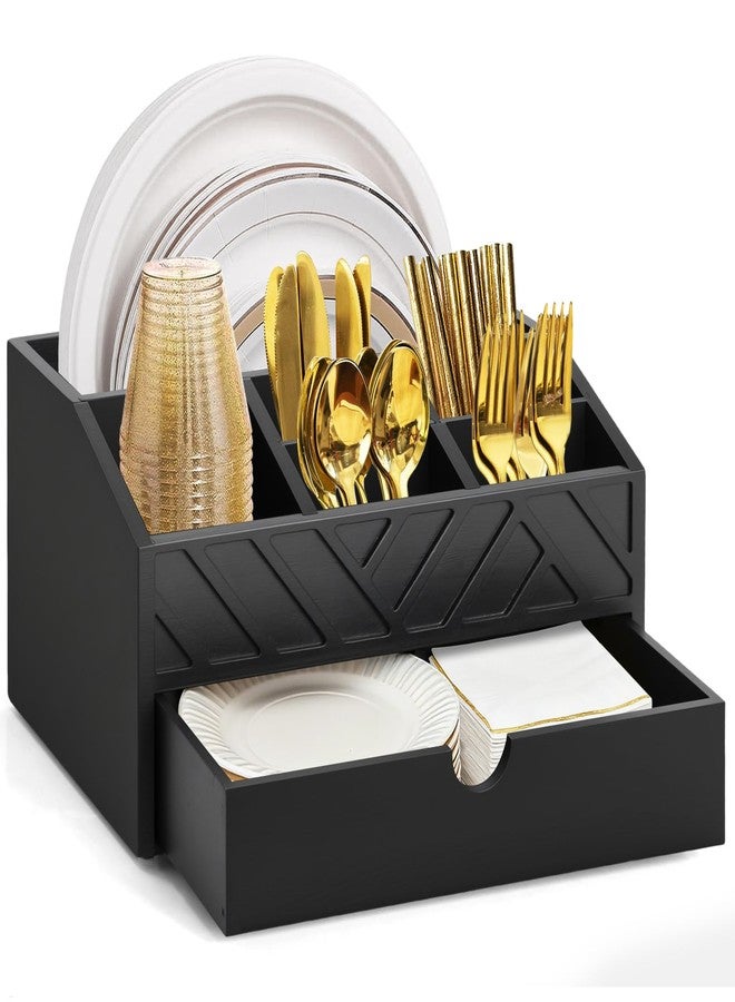 Ukonvi Paper Plate Dispenser with Drawer, Wooden Utensil Holder for Kitchen Accessories, Rustic Paper Plate Holders for Countertop, Large Silverware Caddy Organizer for Napkins, Cups, Forks, Spoons (Black) - Image 1